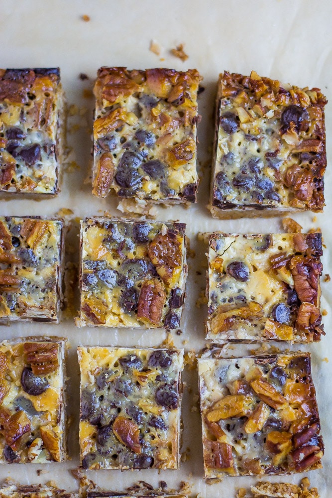 Close up of Keto Magic Bars on cutting board