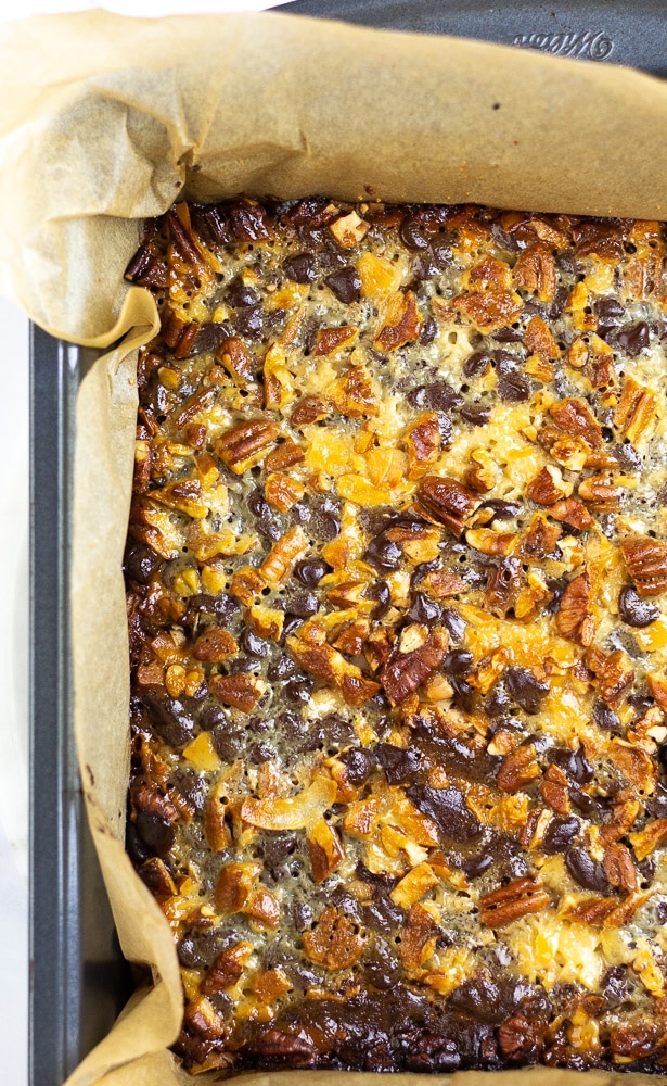 Keto Magic Bars in pan close up