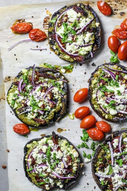 Portobello Mushrooms with Pesto, Sun Dried Tomatoes and Goat Cheese
