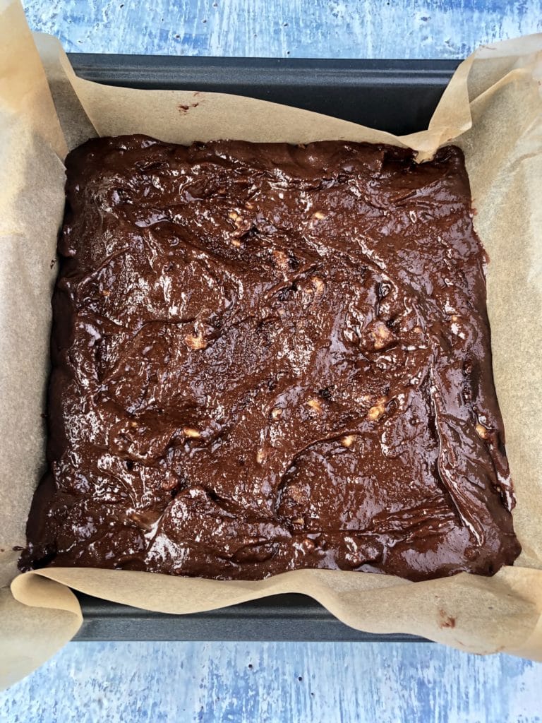 Keto Brownies with Walnuts just before baking...look at that shiny chocolate!