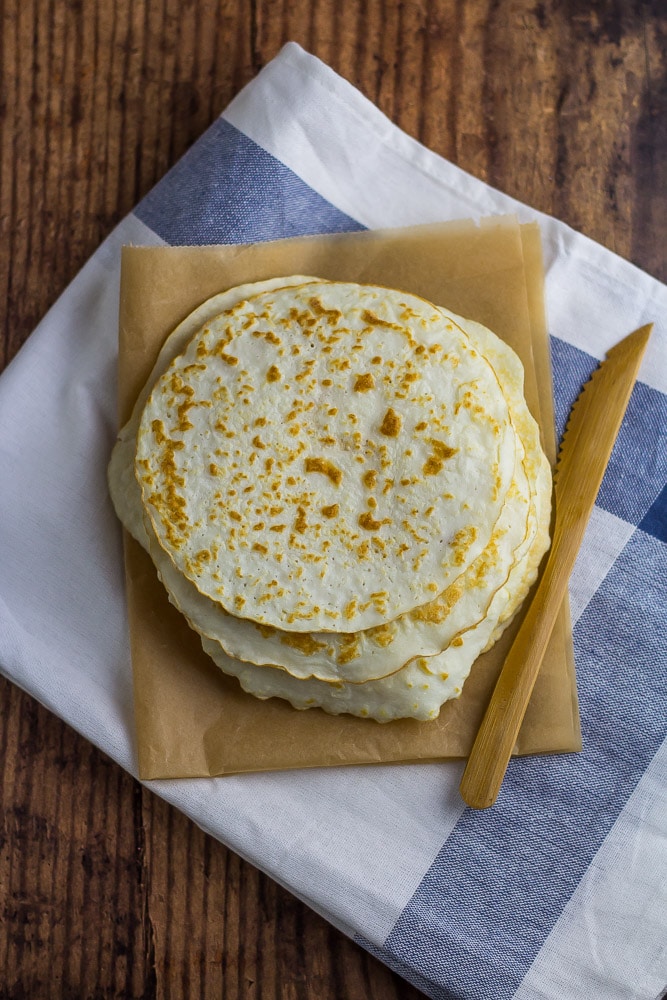 Stack of Keto Tortillas on kitchen towel
