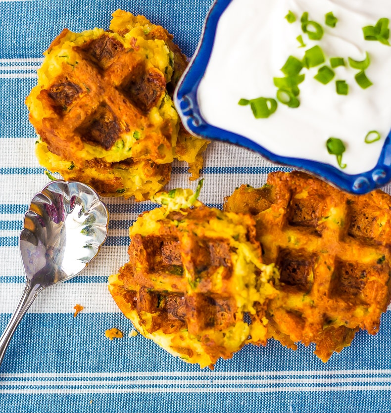 Zucchini Parmesan Waffle Bowls with Zucchini and Onions