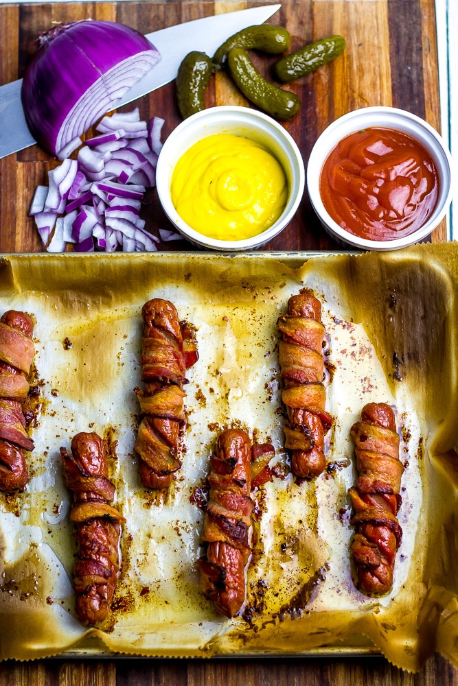 Bacon Wrapped Hot Dogs Keto Dogs in the oven